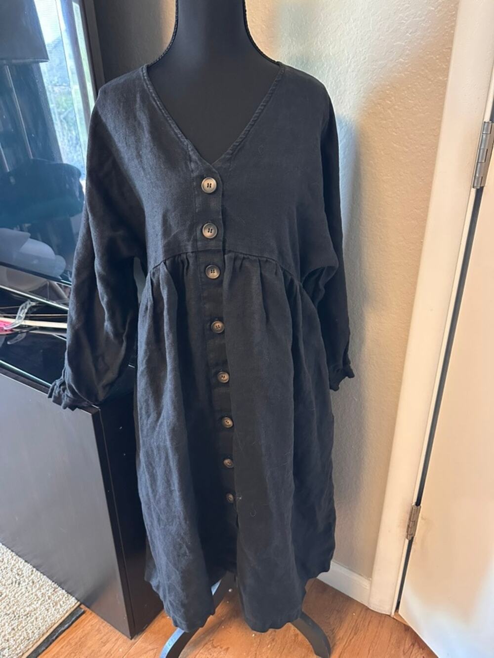 OFFON Clothing Black Linen Button Front Midi Dress V-Neck Empire Waist